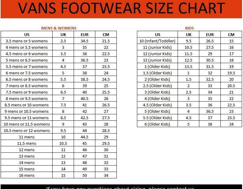 Vans Shoe Size Chart: Hướng Dẫn Chọn Size Giày Vans