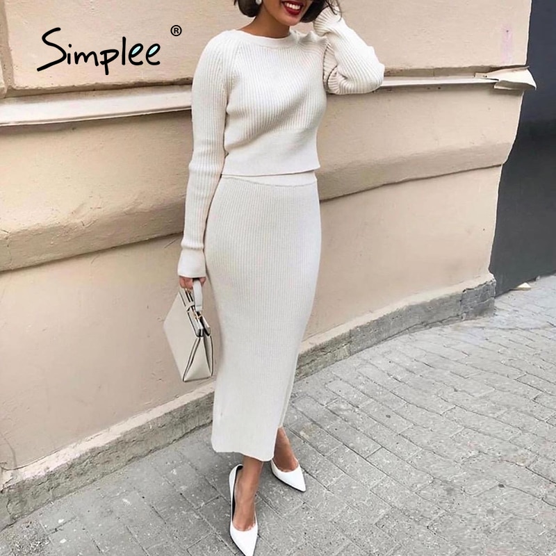 Simplee Elegant Stripe Two Piece Dress White Round Neck Knit Dress High  Waist Street Style Autumn Winter Dress Two Piece Set