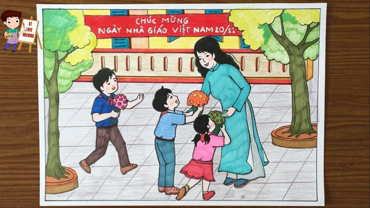 Vẽ Tranh Đề Tài Ngày Nhà Giáo Việt Nam 20-11 / Vẽ Học Sinh Tặng Hoa Cô Giáo  20-11 / Mỹ Thuật 8 - Youtube