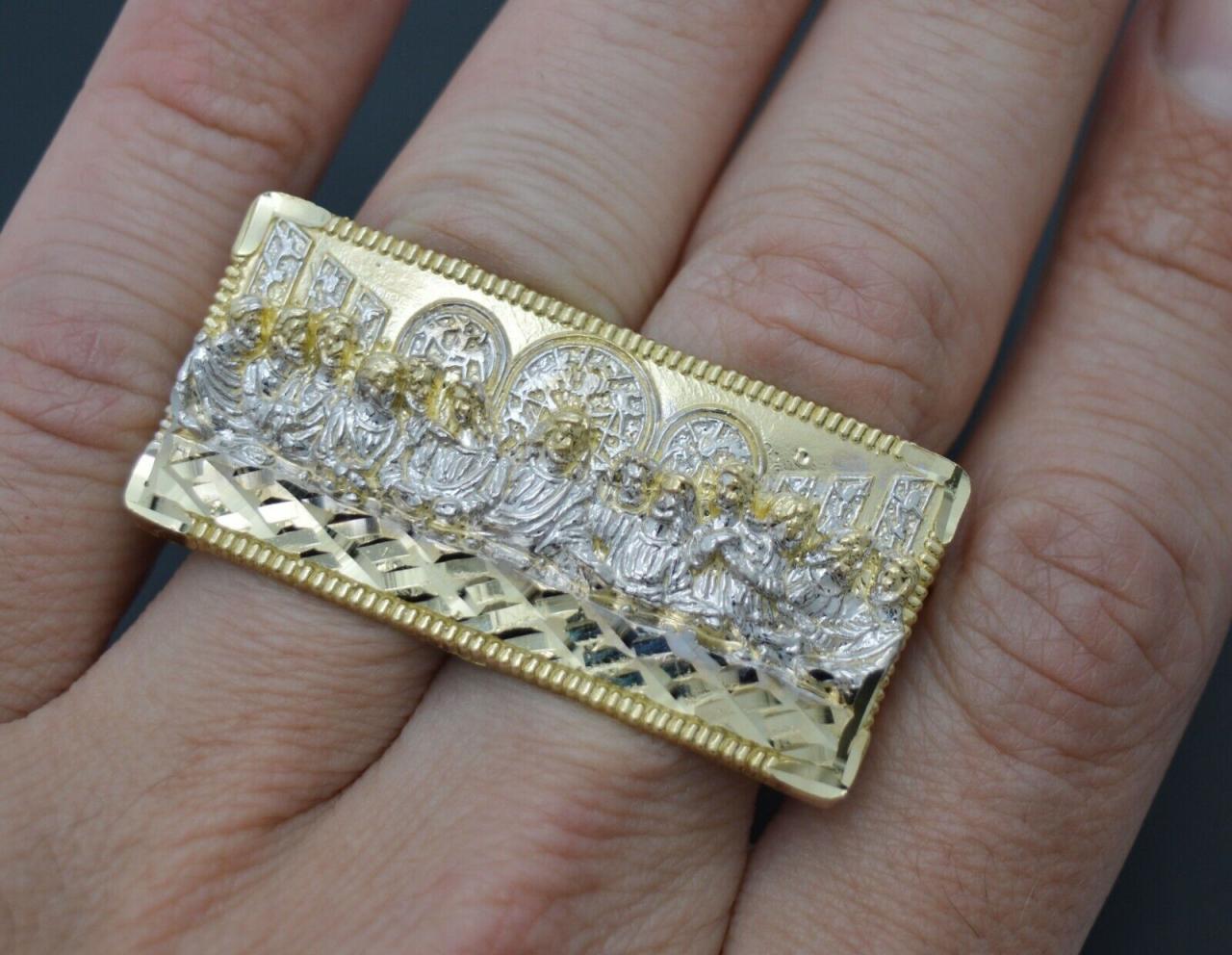 10K Solid Yellow Gold Men'S Last Supper Two Finger Ring | Ebay